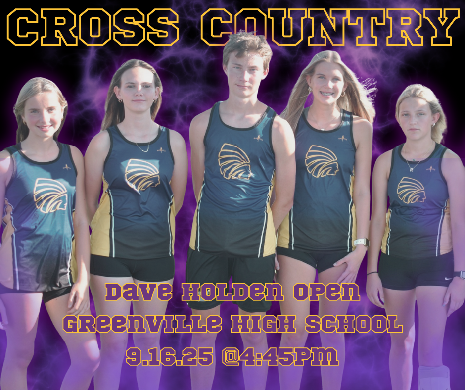A flyer for a high school cross country event. Five students in dark-colored singlets with a yellow stripe and a logo on the chest stand in a line. The text on the poster reads "CROSS COUNTRY," "DAVE HOLDEN OPEN," "GREENVILLE HIGH SCHOOL," and "9.16.25 @4:45PM." The background is a dark purple with lightning-like streaks.