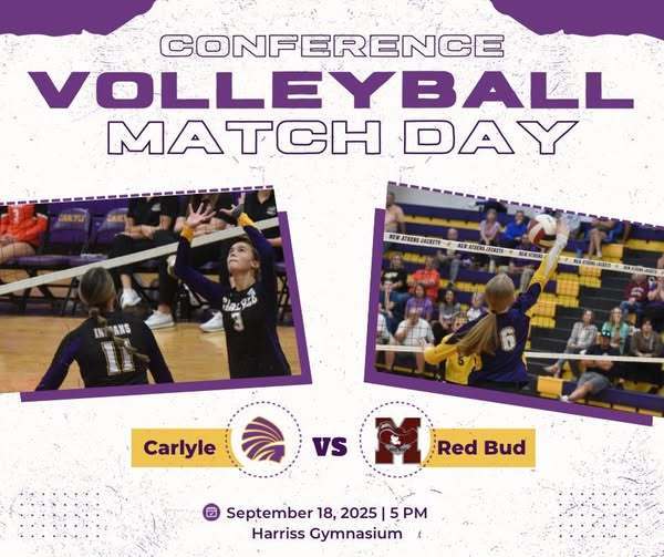 Conference Volleyball Match Day graphic for Carlyle vs. Red Bud. Two action photos of Carlyle volleyball players during a game are shown. The Carlyle Indians logo is on the left, the Red Bud Musketeers logo is on the right. Event details read: September 18, 2025, 5 PM at Harriss Gymnasium.