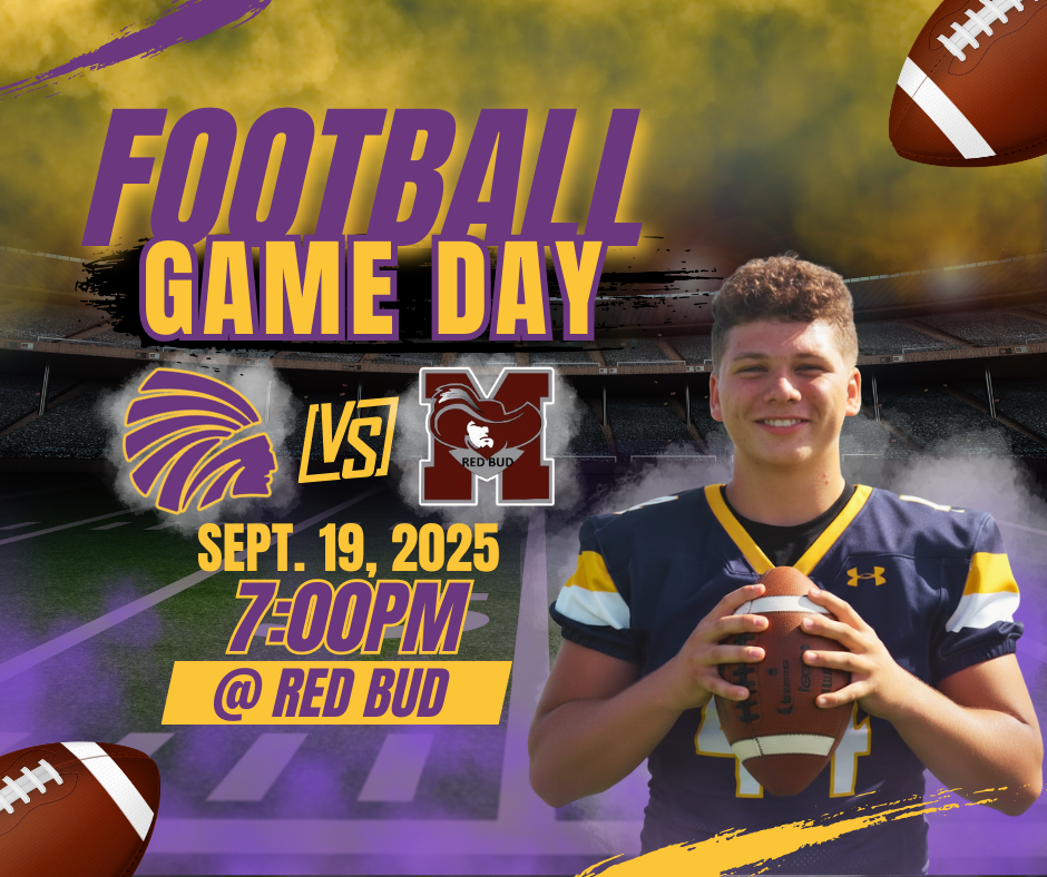 A purple and gold graphic for a football game. The top features large text "Football Game Day". Below, the Carlyle Indians logo is on the left, "V.S." in the middle, and the Red Bud Musketeers logo is on the right. A football player in a purple and gold jersey holds a football. The date "September 19, 2025", time "7:00PM", and location "@ Red Bud" are prominently displayed. Two footballs are in the top right and bottom left corners.