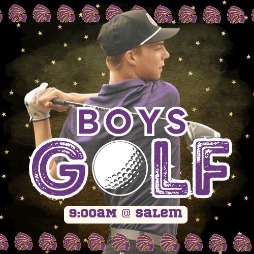 Carlyle High School boys golf athlete in mid-swing wearing a purple polo and cap, promoting an upcoming match at Salem.