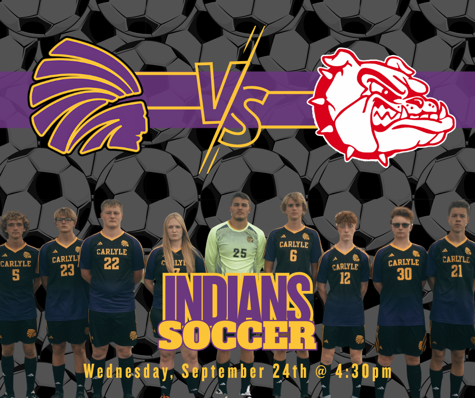 A poster for an Indians Soccer game. The background is a repeating pattern of black and white soccer balls. In the upper half, a stylized purple and yellow profile of an Indian chief faces off against a red and white bulldog mascot, separated by a purple stripe with a yellow "VS" in the center. Below this, nine soccer players in blue and gold uniforms stand in a line. The text "INDIANS SOCCER" is in large, bold purple and yellow letters over their chests. A line of text at the bottom reads "Wednesday, September 24th @ 4:30pm"