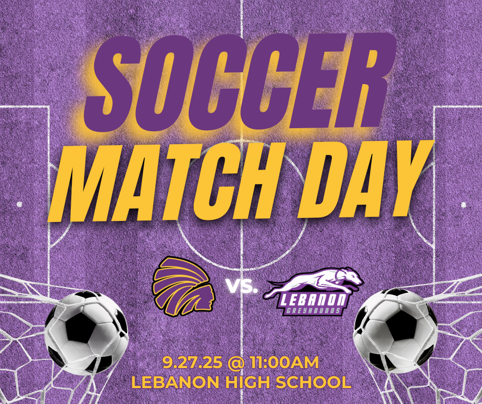 A purple and yellow graphic promoting a "Soccer Match Day" between two teams, one with a Indians head logo and the other a greyhound logo, with soccer balls in nets and game details.