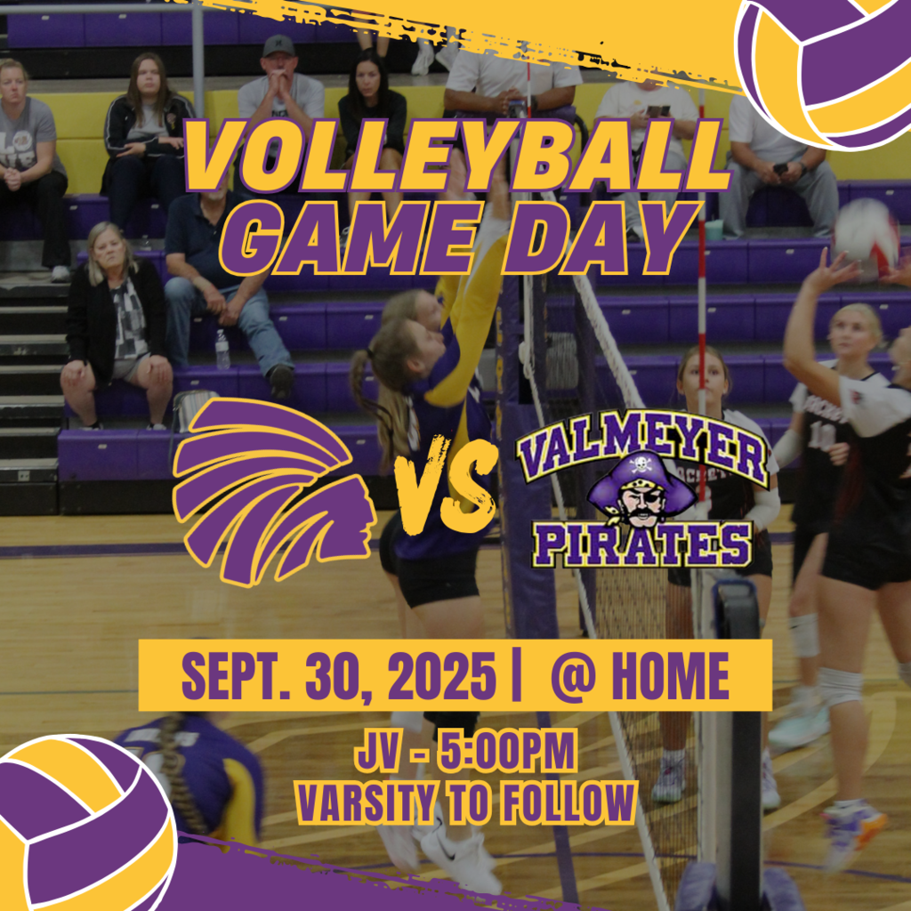 A graphic promoting a high school volleyball game. The text "Volleyball Game Day" is prominent in purple and gold over an action shot of two Carlyle players blocking at the net. It announces Valmeyer Pirates as the opponent with a pirate mascot logo, and lists the date "September 30, 2025 | @ Home" and game times: "Freshmen/Sophomore - 5:00 PM, JV and varsity at 5ppmto follow." Two volleyballs are visible in the corners of the graphic.