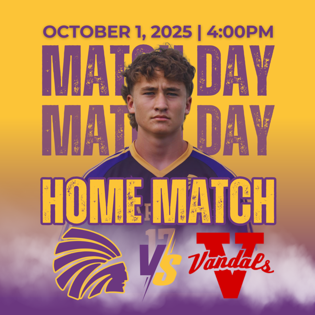 A graphic announcing a home soccer match. The central image is a soccer player in a purple and gold jersey. Above him, "October 1, 2025 | @ 4:00PM" is displayed, followed by large, distressed purple text reading "Match Day" twice. Below the player, "Home Match" is written in similar style. At the bottom, a purple and gold Indian head to the left, with "vs" in gold in the center, and a red Vandals logo to the right. The background is a vibrant gold.