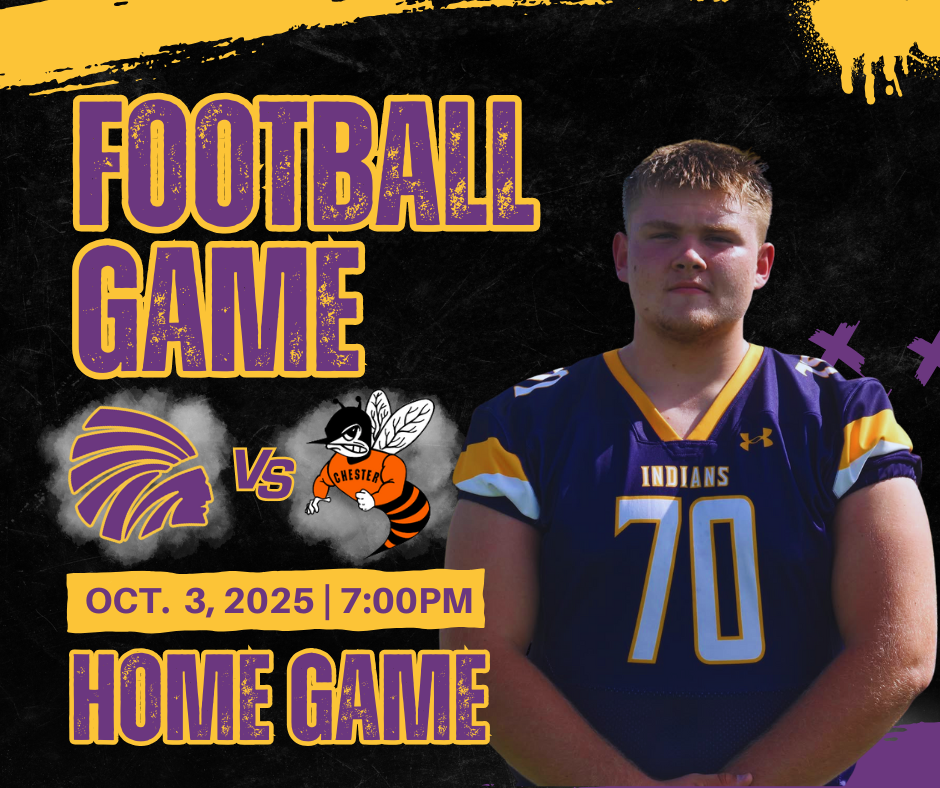  A graphic for a football game. The image features a football player in a purple and gold jersey. The background is a mix of black and yellow with distressed textures. At the top, in large purple font, it reads "Football Game." Below the player's waist, the date and time "October 3, 2025 | @ 7:00 PM" are displayed in gold. Underneath that, the words "Home Game" are in a large purple font. At the center of the graphic, a purple and gold Indian head is shown on the left, facing an orange and black Chester Yellow Jackets logo on the right, with a small "vs" in the middle.