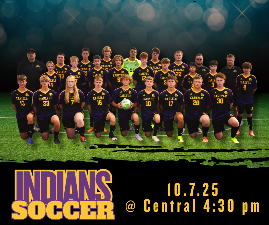 A soccer team photo with about 25 students in purple and gold jerseys, numbered from 1 to 30, and several adult coaches in black shirts. They are arranged in rows on a soccer pitch with a blurred background. The bottom left of the image has a logo "INDIANS SOCCER" and the bottom right has game details "10.7.25 @ Central 4:30 pm."