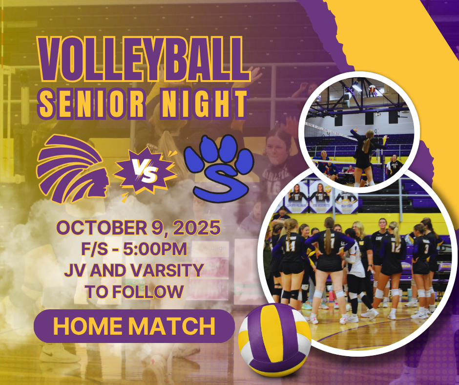 A graphic promoting the Carlyle Volleyball Senior Night Home Match on October 9, 2025. The background is a mix of purple and gold with an image of players cheering on the court. The large title reads "Volleyball Senior Night." The Carlyle Indians logo is shown facing a blue paw print logo for Sparta, separated by a "vs." Event details are listed below: "October 9, 2025," "Freshmen/Sophomore - 5:00PM," and "JV and Varsity to follow." A purple banner at the bottom states "Home Match." A circular collage of photos on the right side features a player hitting the ball and the full team huddling. A purple and gold volleyball rests in the foreground.