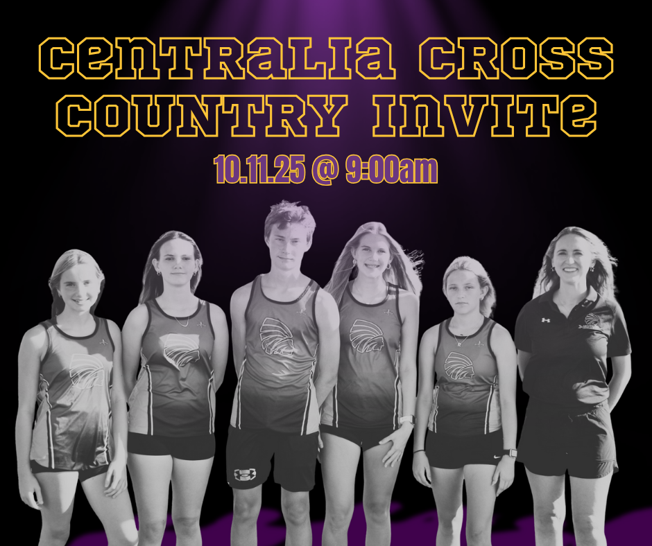 A graphic featuring six members of the Carlyle High School cross country team standing together in their uniforms with a coach. The text above them reads “Centralia Cross Country Invite” and below it says “10.11.25 @ 9:00am” in purple and gold. The background is black with a purple spotlight effect.