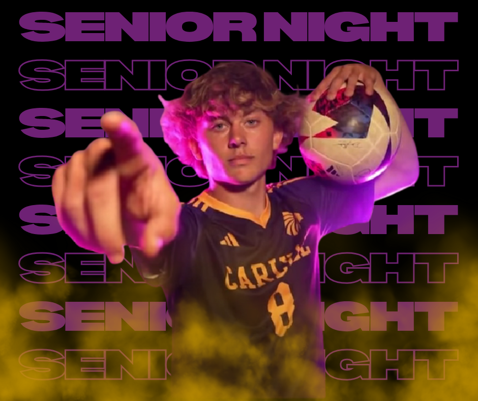arlyle High School soccer player in a purple and gold uniform poses confidently while pointing toward the camera and holding a soccer ball on his shoulder. The background features repeated purple text that says ‘Senior Night’ with a gold smoke effect at the bottom.