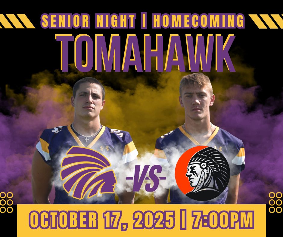 A graphic for the Carlyle football home game on October 17, 2025, at 7:00 PM. The text reads "Senior Night | Homecoming | Home Game." The image features two football players in purple and gold uniforms amidst purple and gold smoke, with two team logos underneath separated by "-VS-". The date and time are prominent at the bottom.