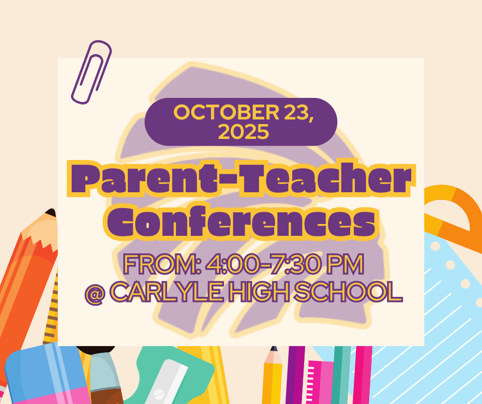 A colorful graphic promoting Parent-Teacher Conferences on October 23, 2025. The background has illustrations of school supplies like pencils, rulers,