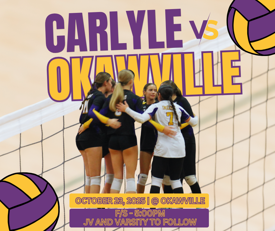 A volleyball match graphic featuring a volleyball net. A group of Carlyle volleyball players in gold and purple uniforms are huddled together. The text at the top reads "Carlyle vs Okawville" in purple and gold. Two purple and gold volleyballs are positioned in the top-right and bottom-left corners. The match details at the bottom are "October 23, 2025 | @ Okawville," and "Freshmen/Sophomore - 5:00PM, JV and Varsity to follow."