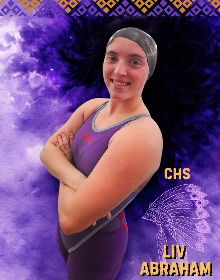a photo of Liv Abraham in her swim uniform with a purple smoke background behind her