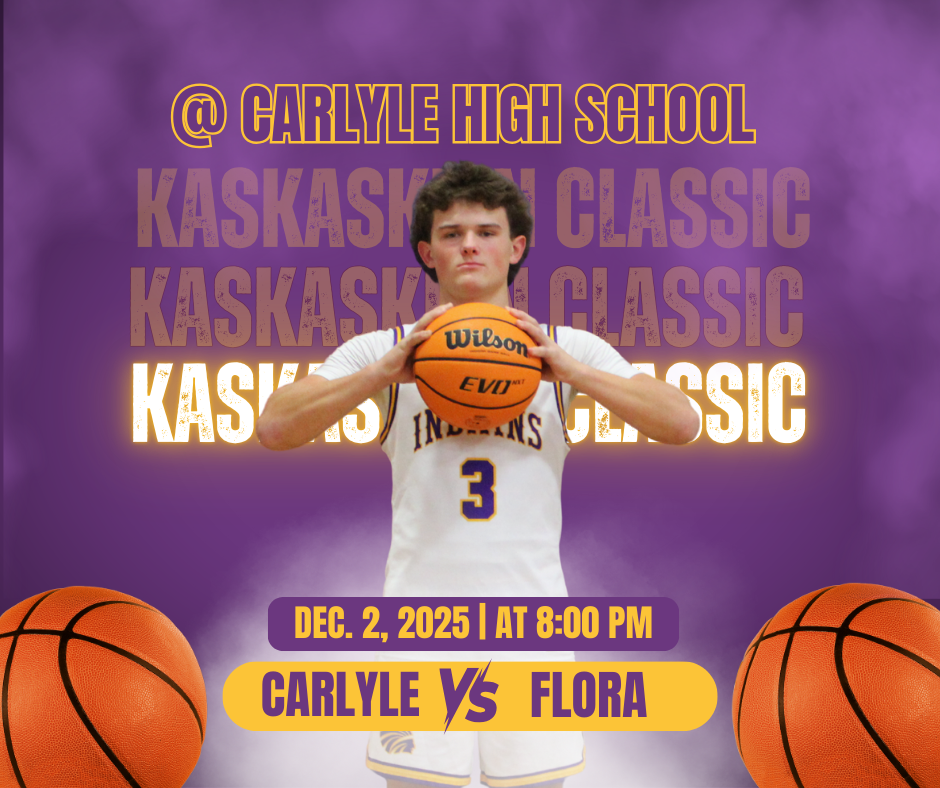 A purple and gold promotional poster for the Kaskaskian Classic basketball tournament. The center features a male Carlyle basketball player wearing a white jersey with the number 3, Eli Gray, holding a Wilson EVO basketball. The background text repeatedly displays "Kaskaskian Classic" with a glowing effect. The top reads "@ Carlyle High School". The bottom has a purple banner with the date "December 1, 2025 | at 8:00 PM" and a yellow banner for the matchup "Carlyle vs Flora". Two additional basketballs flank the player at the bottom corners.