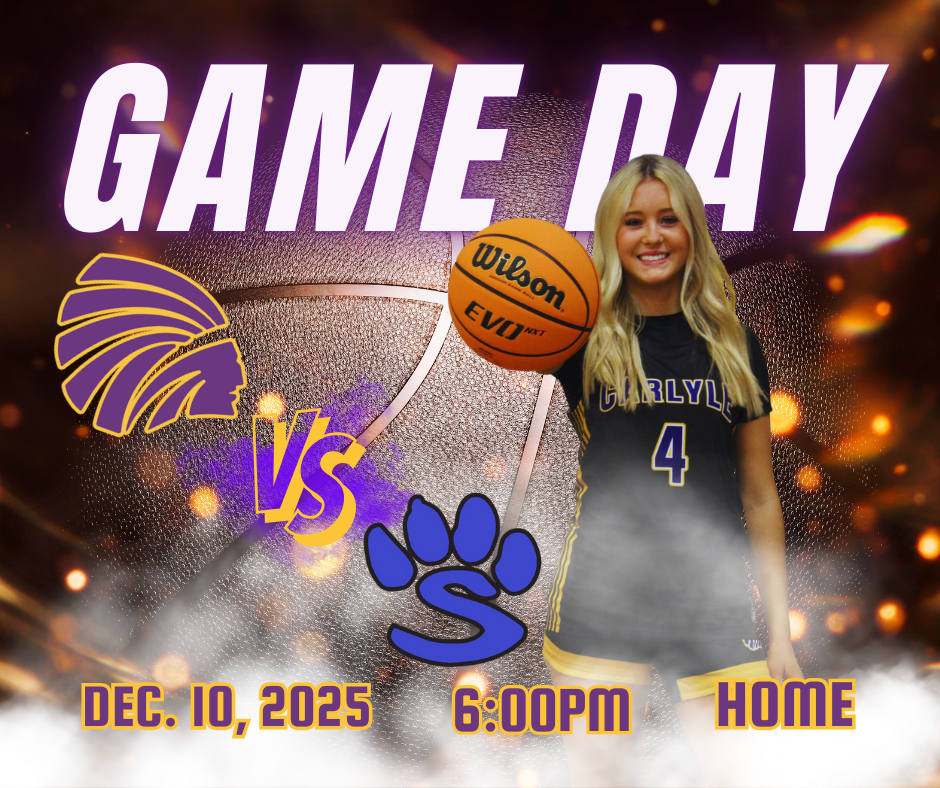 A graphic for a girls basketball game. The background is a dark, smoky gold and purple, highlighting a basketball player in a black and gold Carlyle uniform holding a basketball, smiling. Large white and purple text at the top reads "Game Day." The center features a purple and gold Indian head on the left and a blue paw for the Sparta bulldogs on the right, separated by "vs." The bottom text indicates the date "December 10, 2025," the time "6:00PM," and the location "Home."