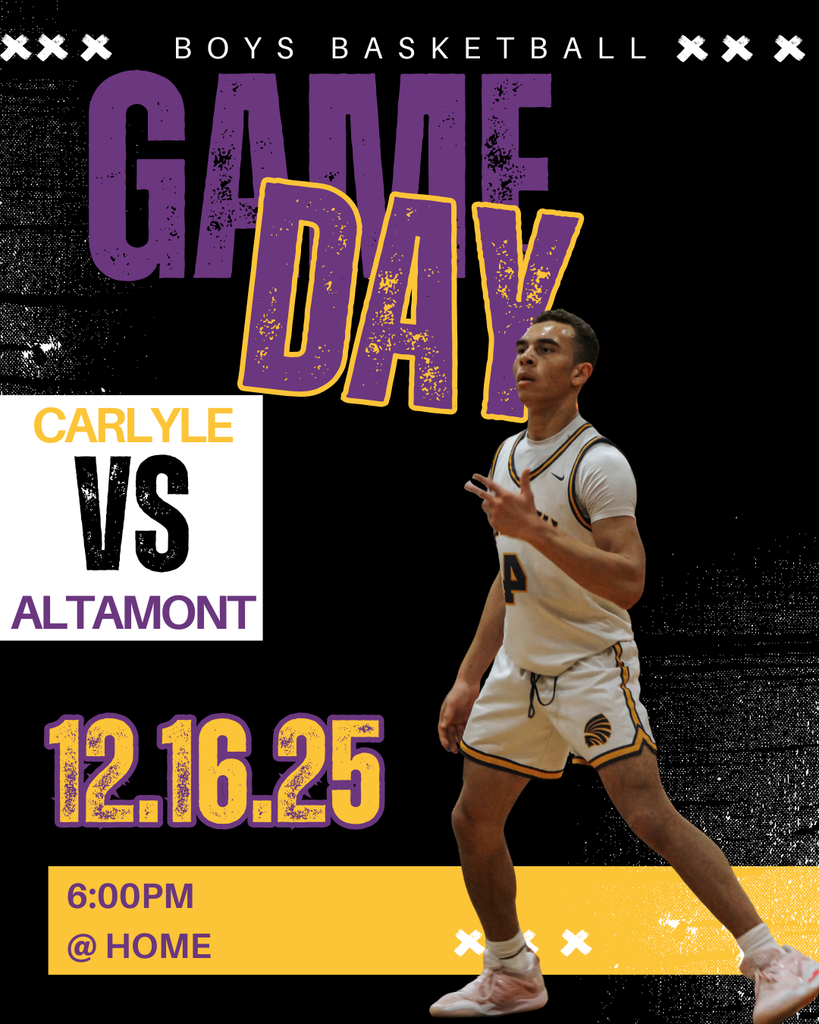 A graphic design poster for a Boys Basketball "Game Day." The text "CARLYLE VS ALTAMONT" is prominently displayed on the left. The date is "12.16.25" with the time "6:00PM" and location "@ HOME" underneath. A photo of a basketball player in a white and gold uniform is centered on the right side of the poster, making a peace sign gesture. The dominant colors are black, purple, and gold.