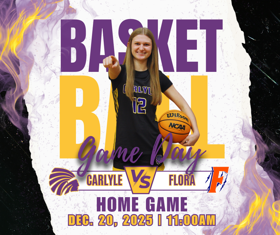  A high-energy graphic for the Carlyle girls' high school basketball game. The central image features a Carlyle player wearing a black and purple jersey with the number 12, holding a basketball and pointing forward, superimposed over large purple and gold text that reads "Basketball Game Day." The bottom section highlights the match-up with logos and text reading Carlyle vs Flora, followed by the event details: Home Game, December 20, 2025 | 11:00AM. The overall design is framed by dramatic purple and gold smoke-like elements.