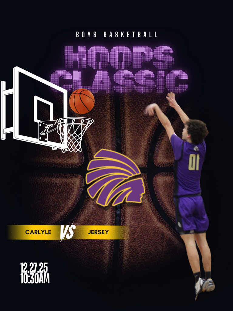  A promotional graphic for a boys’ basketball event titled “Hoops Classic,” featuring a stylized basketball background, an illustrated hoop and ball on the left, and a player in a purple uniform taking a jump shot on the right. The center displays a purple-and-gold warrior logo, with “Carlyle vs Jersey" written on a gold banner below.
