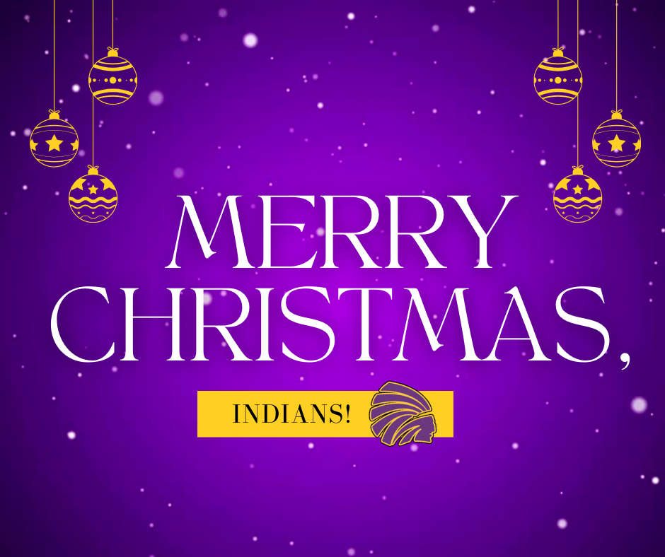 A purple graphic with text that says "Merry Christmas, Indians!" Featuring snow, 6 ornaments, and the Indians logo.
