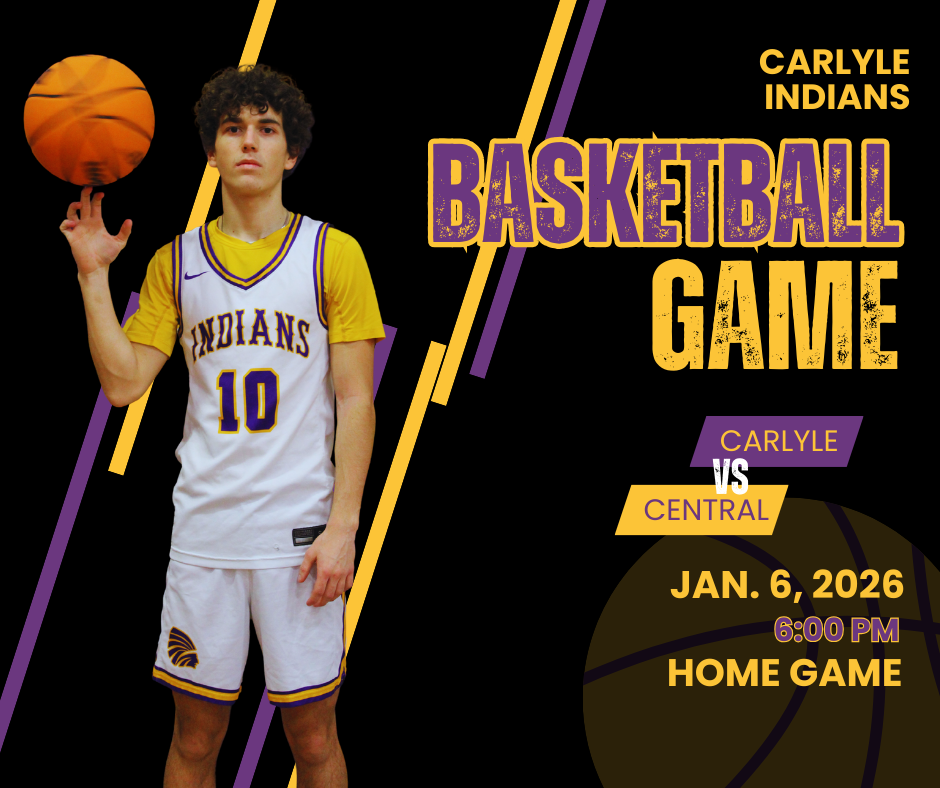 A graphic for a Carlyle High School basketball game. A male player in a white, purple, and gold Carlyle Indians jersey with the number 10 is standing on the left, spinning a basketball on his finger. The background is black with purple and gold diagonal stripes and faint basketball court lines. A large distressed text reads "Basketball Game." Smaller text to the right indicates the matchup: "Carlyle vs Central," the date "JAN. 8, 2026," game times "6:00PM," and "Home Game." The team name "Carlyle Indians" is in the top right corner.