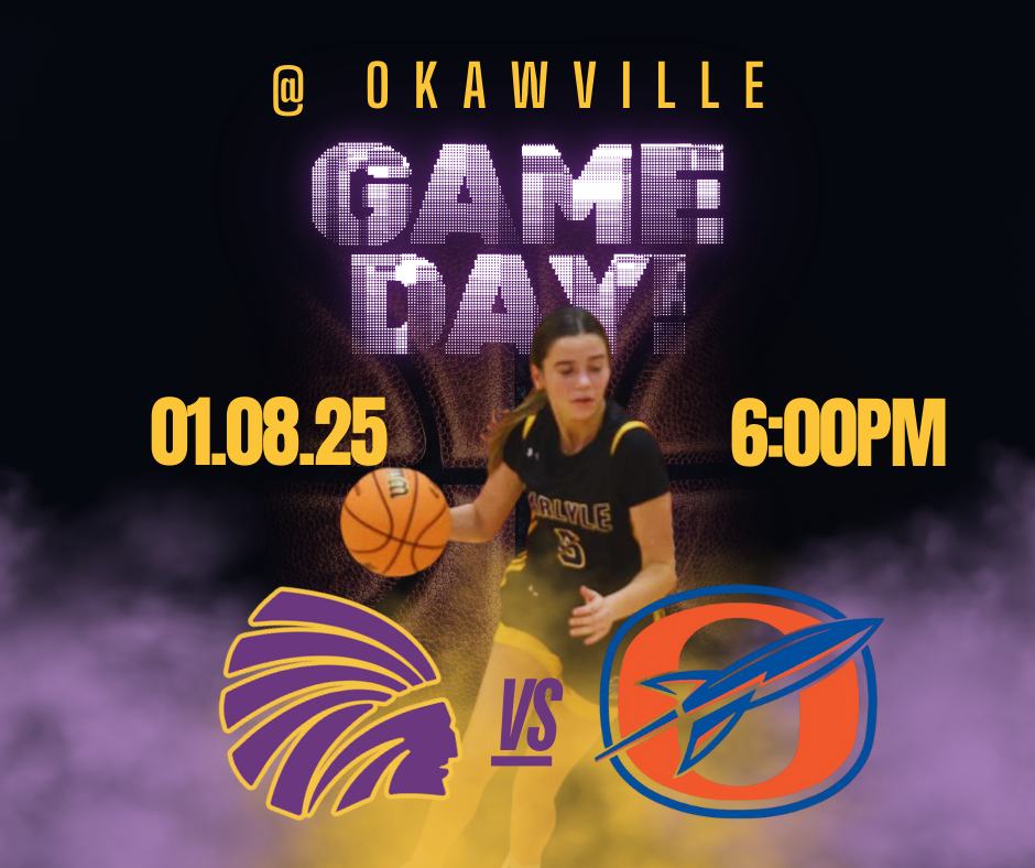  A purple and black graphic promoting the Benton Tournament. The text "At Okawville" and "Game Day!" is prominent with a bright, digital/glitch effect. A female basketball player in a black and gold Carlyle jersey is centered, dribbling the ball and driving forward. Below the player, the Carlyle Indian head logo is featured next to a "vs" graphic and a Okawville Rockets logo. Text for the date 1/8/25 and time 6pm is shown in bold gold text.