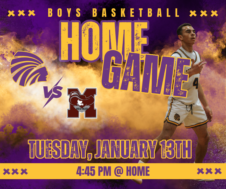 A graphic for the Carlyle boys basketball game day. The design features purple and gold colors with smoky effects. Text reads “Boys Basketball Home Game” and shows an Indian head (Carlyle) vs Red Bud. The date and time are Tuesday, January 13th at 4:45pm. A basketball player in a white uniform is shown on the right, and a flaming basketball graphic appears in the bottom left.