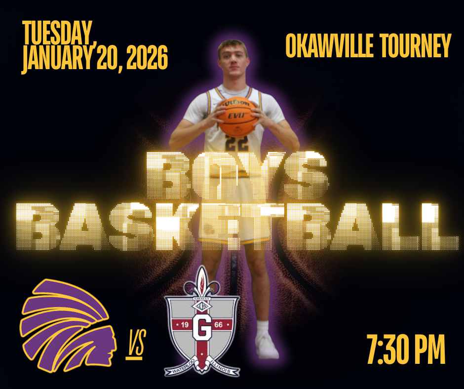 Promotional basketball graphic featuring a male high school basketball player in uniform holding a basketball at center with a glowing effect. Large text reads “Boys Basketball.” The game details show Tuesday, January 20, 2026, at 7:30 PM during the Okawville Tourney. Team logos appear at the bottom, showing a matchup between the Carlyle Indians and the opposing team.