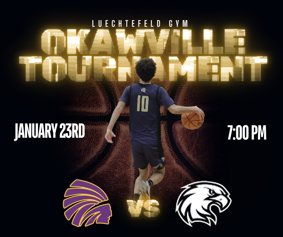 Alt text: Basketball tournament poster showing a player in a purple jersey (number 10) dribbling a basketball, walking toward glowing gold text that reads “Okawville Tournament.” The poster lists “January 23rd 7:00pm,” “Carlyle vs Columbia,” and “Luechtefeld Gym.”