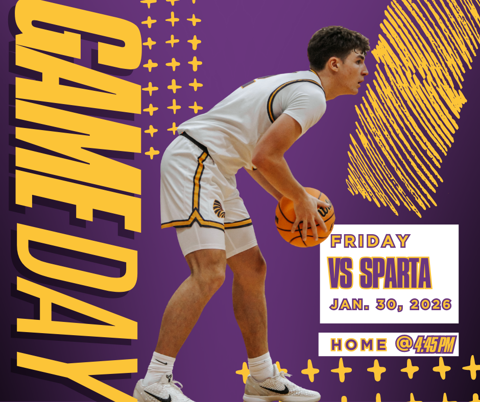 Graphic promoting a Carlyle basketball away game. A basketball player in a white uniform dribbles the ball against a purple background with yellow graphic elements. Large vertical text reads “Game Day.” Text on the right says “Friday, Sparta, Jan. 30, 2026” and “Home @ 7:30.”