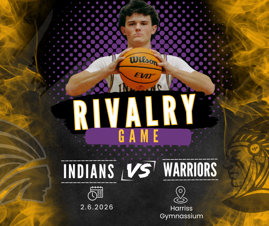 Promotional basketball poster featuring a serious-looking high school player holding a basketball at chest level. Bold text reads “Rivalry Game” with “Indians vs Warriors” below. The game date is February 6, 2026, at Carlyle High School. The background includes purple halftone dots, black brush strokes, and yellow flame-like effects, with team imagery faintly visible on each side.