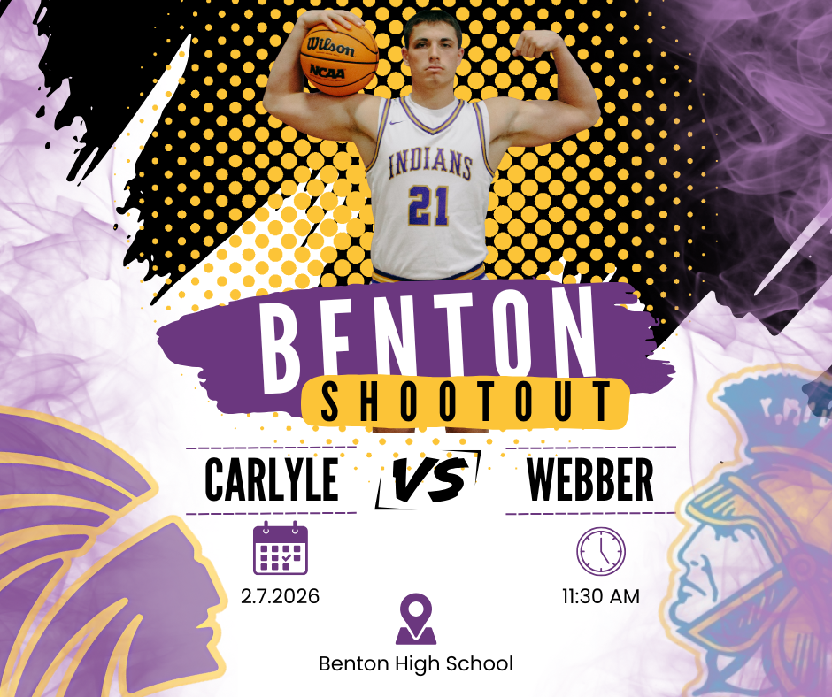 Promotional graphic for the Benton Shootout basketball game featuring a player in a white “Indians” jersey holding a basketball and flexing his arms. The design uses purple and gold colors with a halftone background. Text reads “Benton Shootout,” “Carlyle vs TBA,” “2/7/2026,” and “At Benton HS, tip-off at 9:00am.”