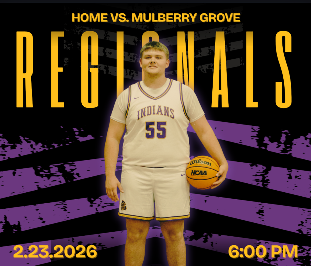 A sports graphic for a basketball regional game. A player wearing a white jersey with purple and gold trim and the number 55 stands in the center, holding a basketball. Large yellow text in the background reads "REGIONALS," and the top says "HOME VS. MULBERRY GROVE." The date 2.23.2026 and time 6:00 PM are at the bottom against a black background with purple distressed accents.
