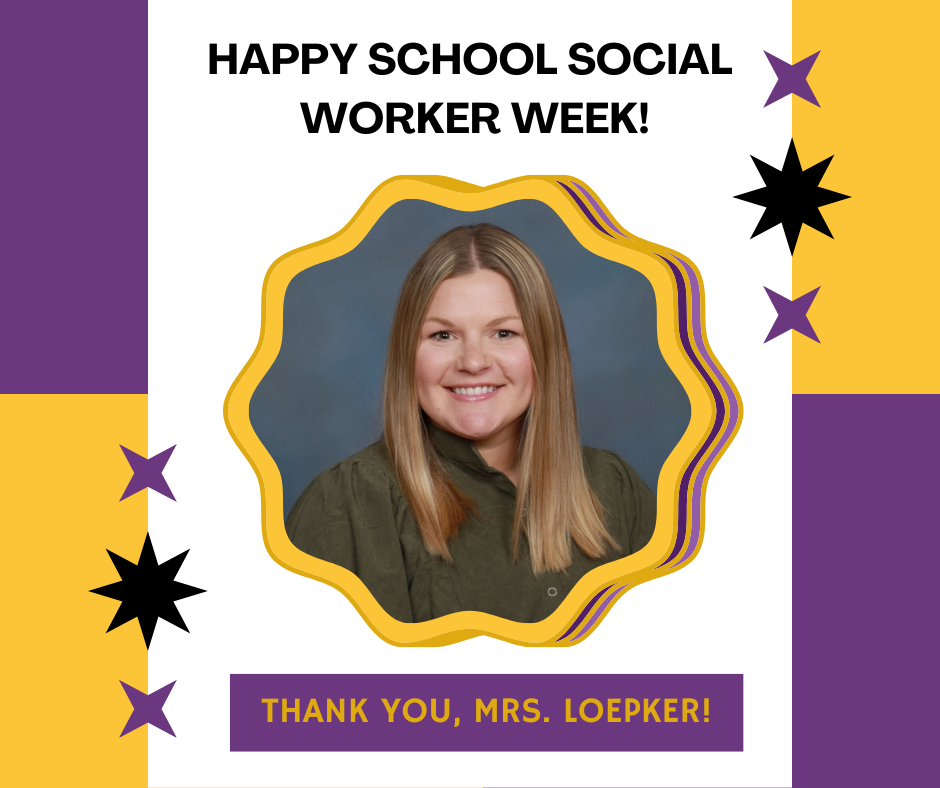 Gemini said An Instagram post celebrating "Happy School Social Worker Week!" featuring a central portrait of Mrs. Loepker, a smiling woman with blonde hair, inside a wavy yellow and purple frame. The background consists of a white center with purple and yellow color blocks in the corners, accented by purple and black starburst shapes. At the bottom, a purple banner reads, "THANK YOU, MRS. LOEPKER!" in yellow text.