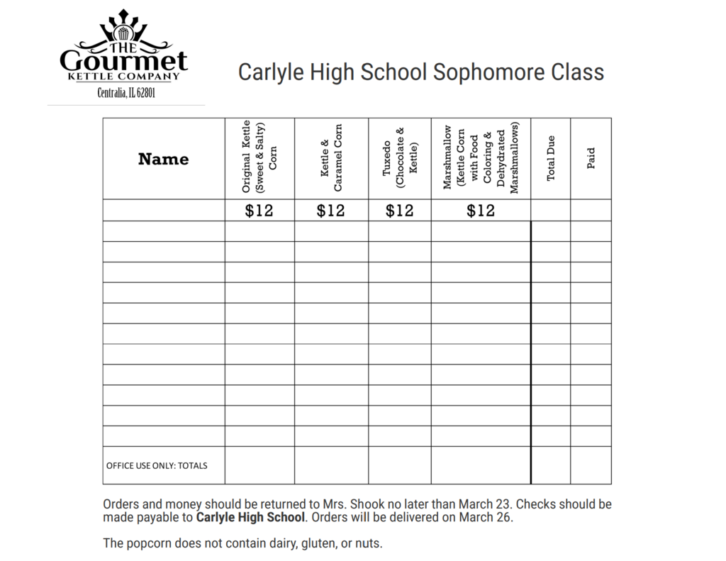 Fundraiser order form for the Carlyle High School Sophomore Class Kettle Korn fundraiser. The form explains that orders and payment are due March 23 and delivery will take place March 26. It also notes that the popcorn is dairy-free, gluten-free, and nut-free, with space for buyers to list orders and payment information.