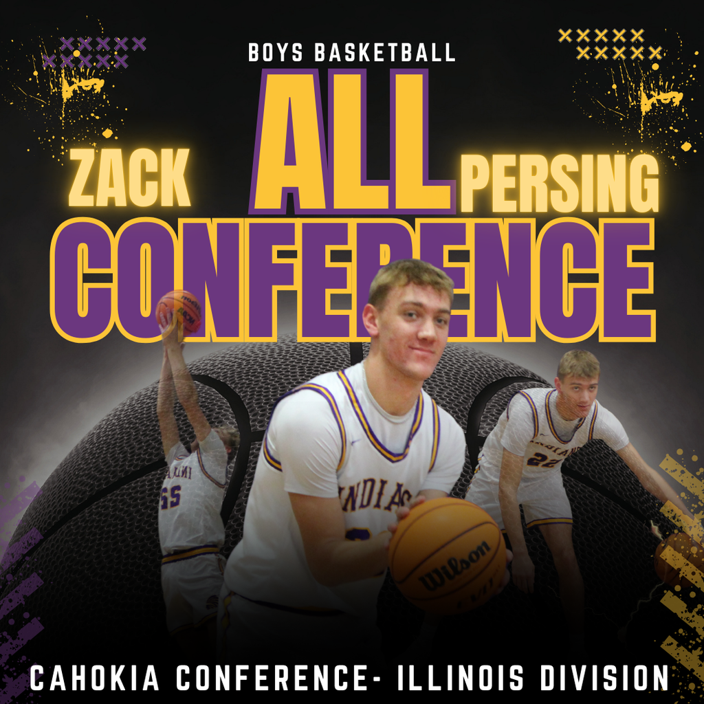boys high school basketball graphic celebrating Zack Persing being named to the Cahokia Conference Illinois Division All-Conference team. The design features three images of Zack Persing in a white Indians basketball uniform—one holding a Wilson basketball in the foreground, one shooting, and one dribbling—set against a dark background with a large textured basketball and purple-and-gold team colors. Bold text reads “Boys Basketball All Conference – Zack Persing” with “Cahokia Conference – Illinois Division” at the bottom.