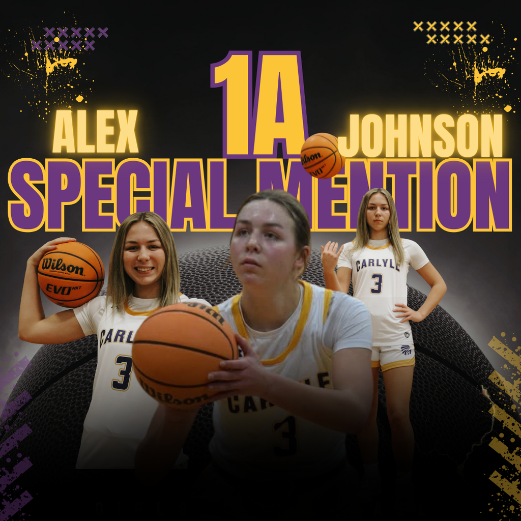 Graphic celebrating basketball player Alex Johnson’s 1A Special Mention honor. The design features three images of Alex Johnson in a Carlyle #3 basketball uniform holding and shooting a basketball, with a large basketball background and bold purple and gold text reading “Alex Johnson – 1A Special Mention.”
