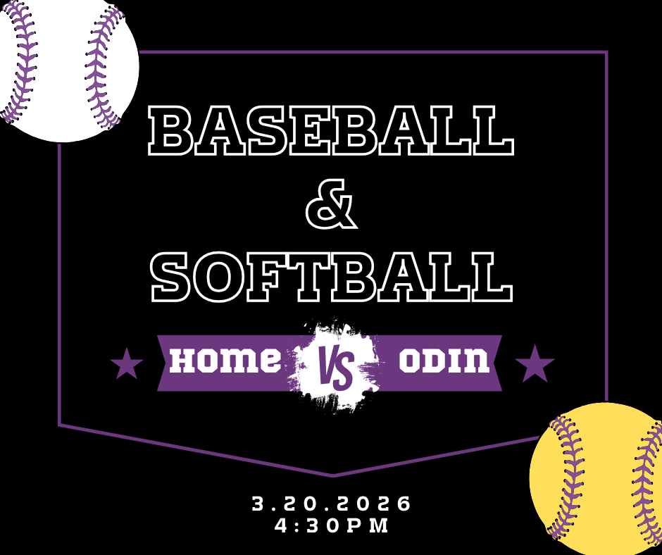 A sports poster for a "Baseball & Softball" game on a black background featuring a purple home-plate-shaped border. At the center, a purple banner reads "home VS odin" flanked by two stars. The event details "3.20.2026" and "4:30 PM" are centered at the bottom. A white baseball with purple stitching sits in the top-left corner, and a yellow softball with purple stitching is in the bottom-right.