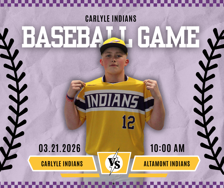 Gemini said A promotional graphic for a Carlyle Indians baseball game featuring a player in a yellow and purple jersey holding the "Indians" text on his chest. The background is a textured light purple with baseball stitch borders and a purple checkered pattern at the top and bottom. Below the player, the text indicates the game is on 03.21.2026 at 10:00 AM, featuring the Carlyle Indians vs. the Altamont Indians.