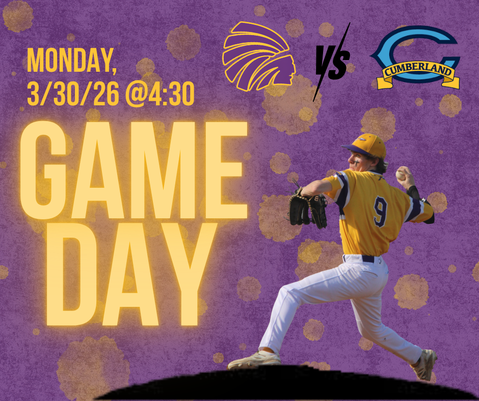 A purple and gold baseball game graphic featuring a pitcher in a yellow uniform mid-throw. Large text reads “Game Day” with details “Monday, 3/30/26 @ 4:30.” Team logos show a matchup against Cumberland.