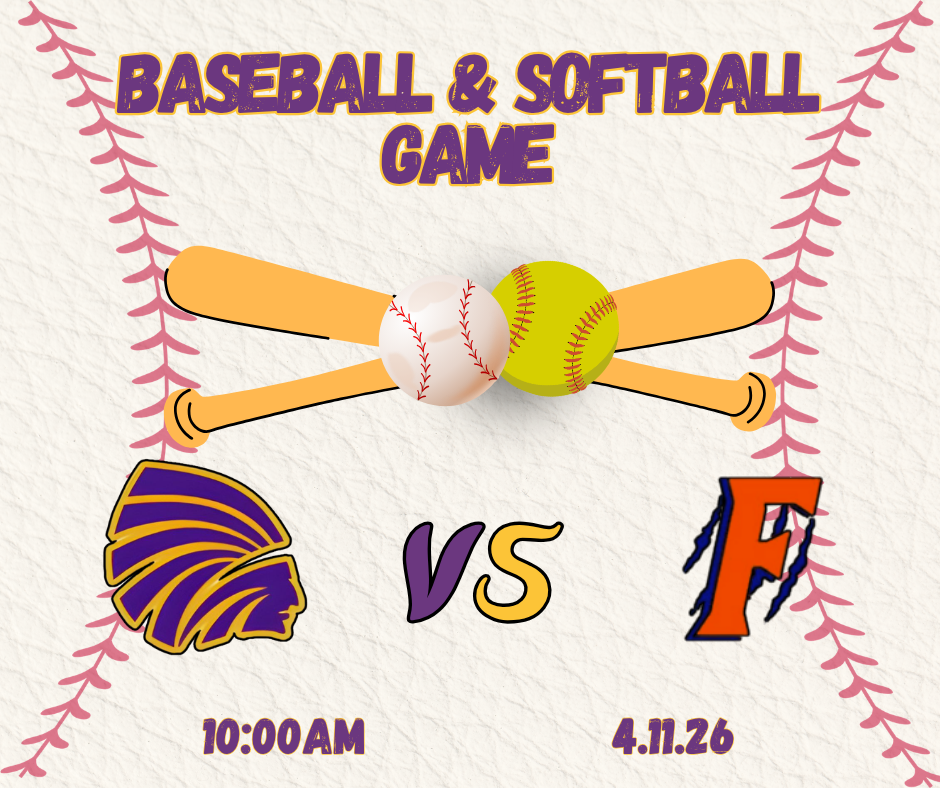 Graphic promoting a baseball and softball game. Two crossed bats with a baseball and softball in the center. Carlyle Indians logo on the left side and Flora Highschool logo on the right side with “VS” between them. Event details show 10:00 AM on Apr 11, 2026