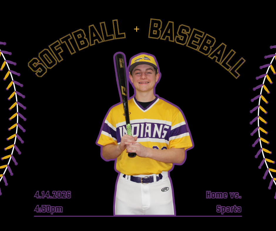 a promotional graphic for a "Softball + Baseball Showdown" scheduled for April 14, 2026, at 4:30 PM. The image features a black background with a red-bordered banner at the top containing the event title in bold white text. Below the banner, two baseball players in yellow and white uniforms are shown in mid-swing on the left and right sides. In the center, a graphic of a white baseball sits in front of two crossed purple bats, flanked by the text "CARLYLE INDIANS" and "SPARTA BULLDOGS." The bottom of the post includes the date, time, and the text "Game @ Home." The sides are framed by the curved yellow and red stitching of a softball.