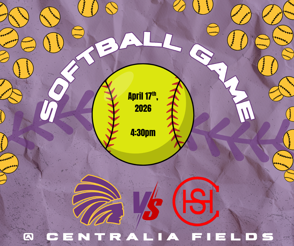 Promotional graphic for a softball game day. The design features a purple textured background with scattered yellow softballs and two black silhouettes of softball players in pitching poses on either side. In the center is a large yellow softball with the text “April 17th, 2026 @ 4:30.” Above it reads “Game Day Softball.” At the bottom, two team logos face off with a “VS” between them, and the location “Centralia Fields” is displayed underneath.