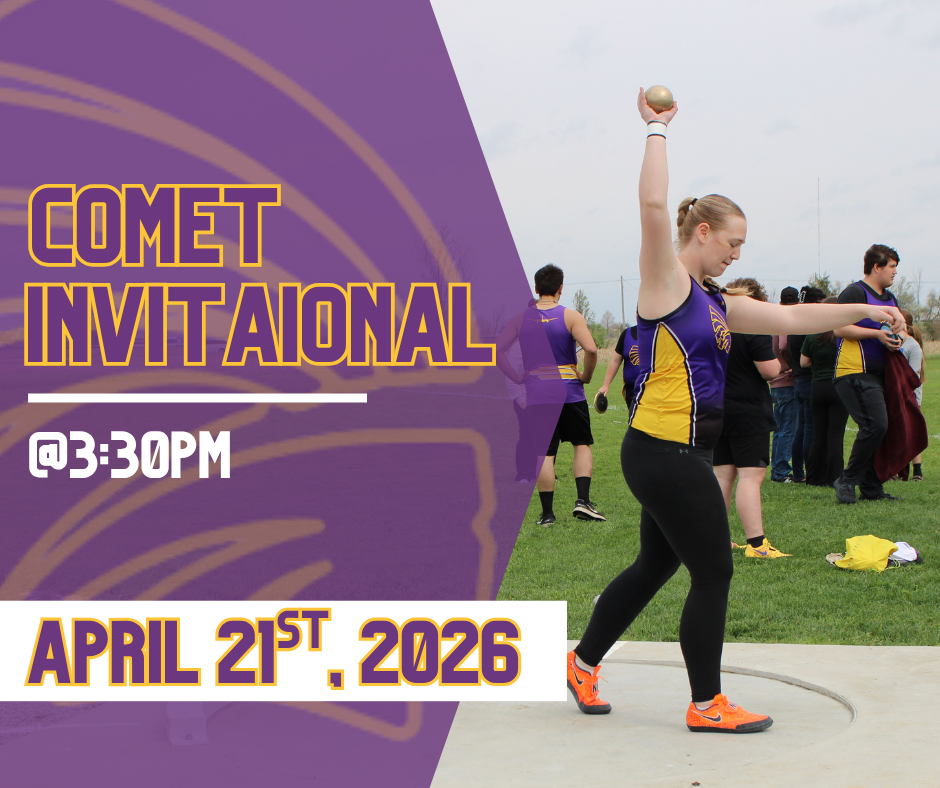 A Carlyle Indians track athlete prepares to throw at a meet, with teammates in the background. Graphic text reads “Comet Invitational,” “@ 3:30 PM,” and “April 21st, 2026.”