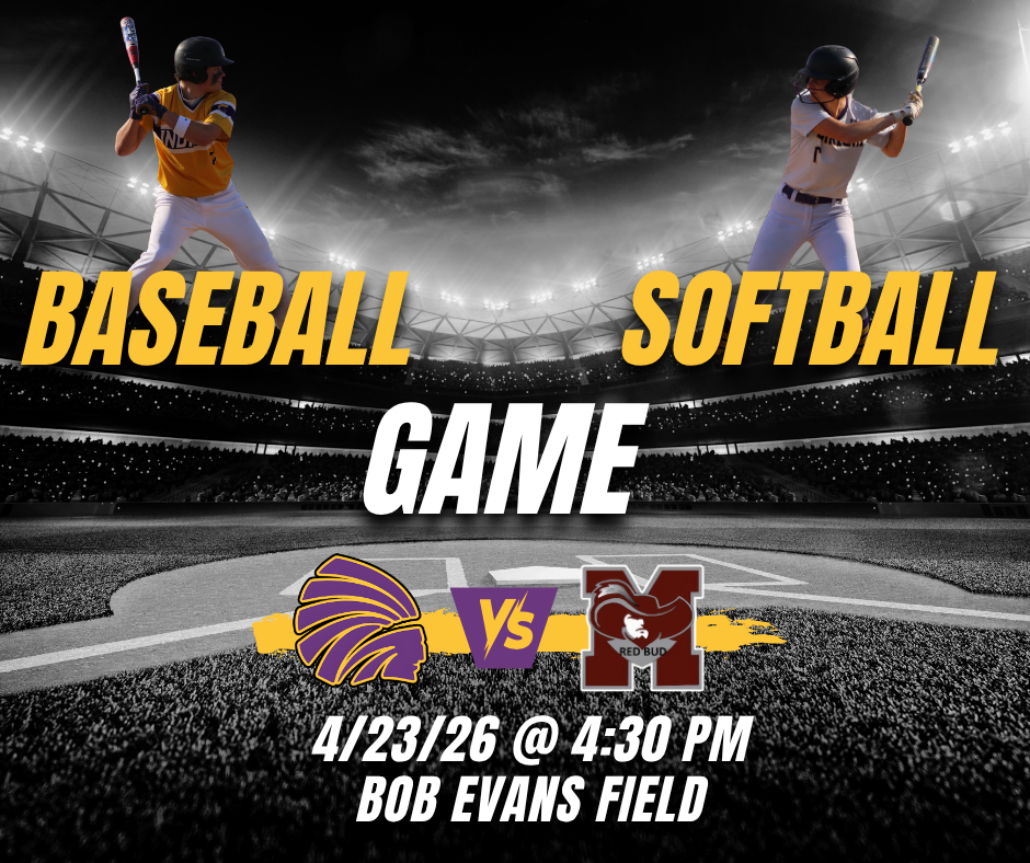 A promotional graphic for a high school baseball and softball game featuring two players batting on opposite sides of a stadium field. Bold text reads “Baseball Softball Game” with the Indians and Red Bud logos facing off in the center. Event details list April 23 at 4:30 PM at Bob Evans Field, with a purple and gold color theme.