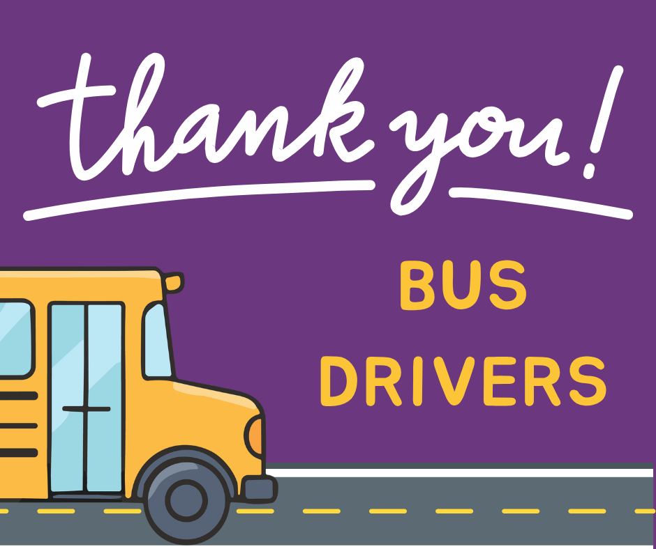  Illustration of a yellow school bus driving on a road with a purple background. With a text reading, “ Thank You, Bus Drivers!”