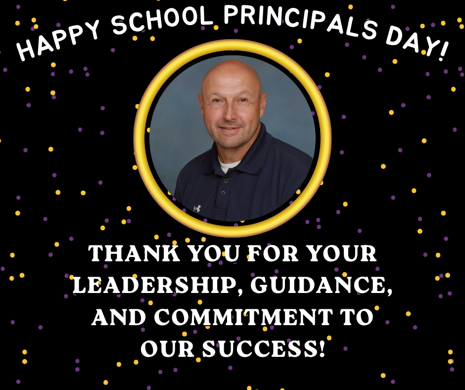 Graphic celebrating School Principals Day featuring a portrait of a principal in a circular frame, with confetti on a dark background and text reading “Happy School Principals Day!” and “Thank you for your leadership, guidance, and commitment to our success!”