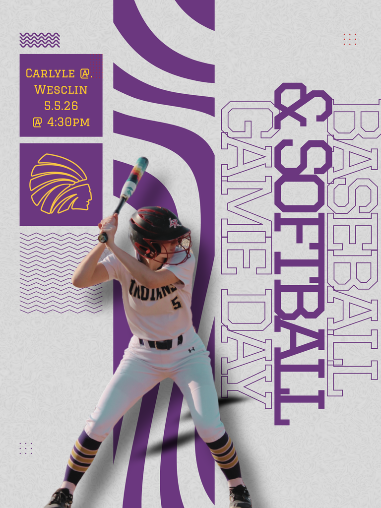 A promotional sports poster for a "Baseball & Softball Game Day." On the left, purple boxes display the text "Carlyle @ Wesclin, 5.5.26 @ 4:30 PM" above a gold Indian head mascot logo. The center features an action photo of a softball player in a white "Indians" uniform with a black helmet, mid-swing with a bat. The background is light gray with modern purple geometric waves and the vertical text "BASEBALL & SOFTBALL GAME DAY" on the right side.