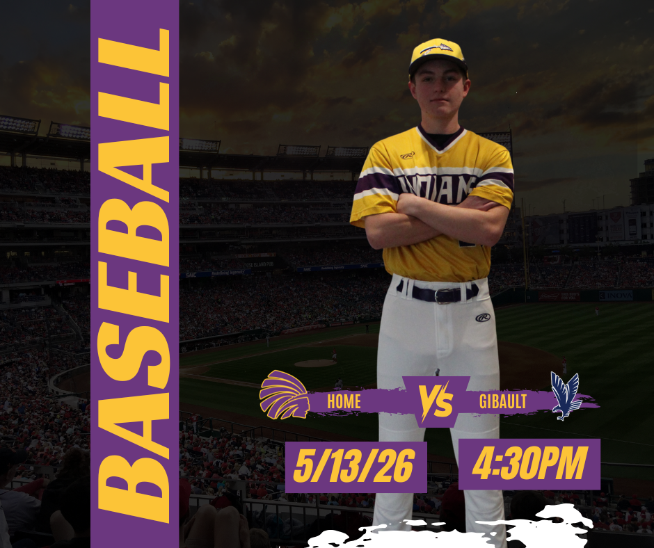 A baseball-themed graphic featuring a player in a yellow Carlyle uniform standing with arms crossed in front of a stadium background. The word “BASEBALL” appears vertically on the left in purple and gold. At the bottom, it shows Carlyle vs Waterloo with the date 5/13/26 and time 4:30 PM.