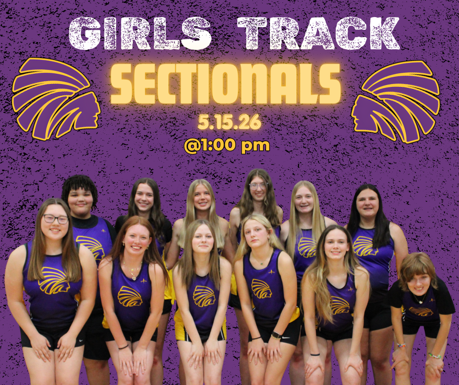 A promotional graphic for a high school girls track team shows a group of athletes in purple and gold uniforms posing together in two rows. The background is purple with bold text reading “Girls Track Sectionals,” along with the date “5.15.26” and time “@ 2pm.” Team logos appear on both sides, and the athletes are smiling and ready for competition.