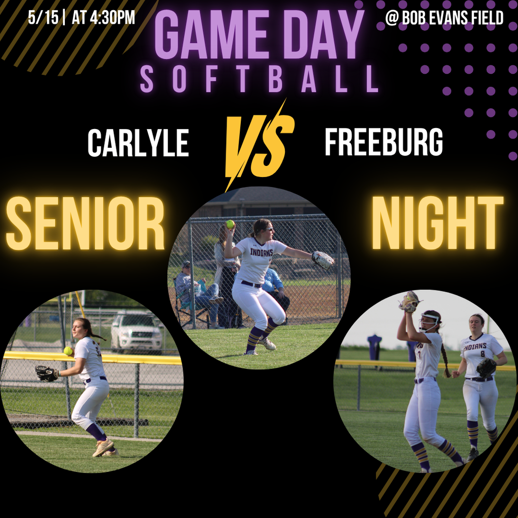 Promotional sports graphic showing a softball player in a batting stance on a lit stadium field. On the left side, bold text reads “GAME DAY” with team logos and “vs Vandals,” followed by “May 18 | 4:30” and “Baseball & Softball.” The design uses black, purple, and gold colors with a split layout between text and the athlete.